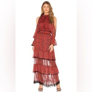 ROCOCO SAND Cold Shoulder Long Dress with ruffles in Red & Black size Medium